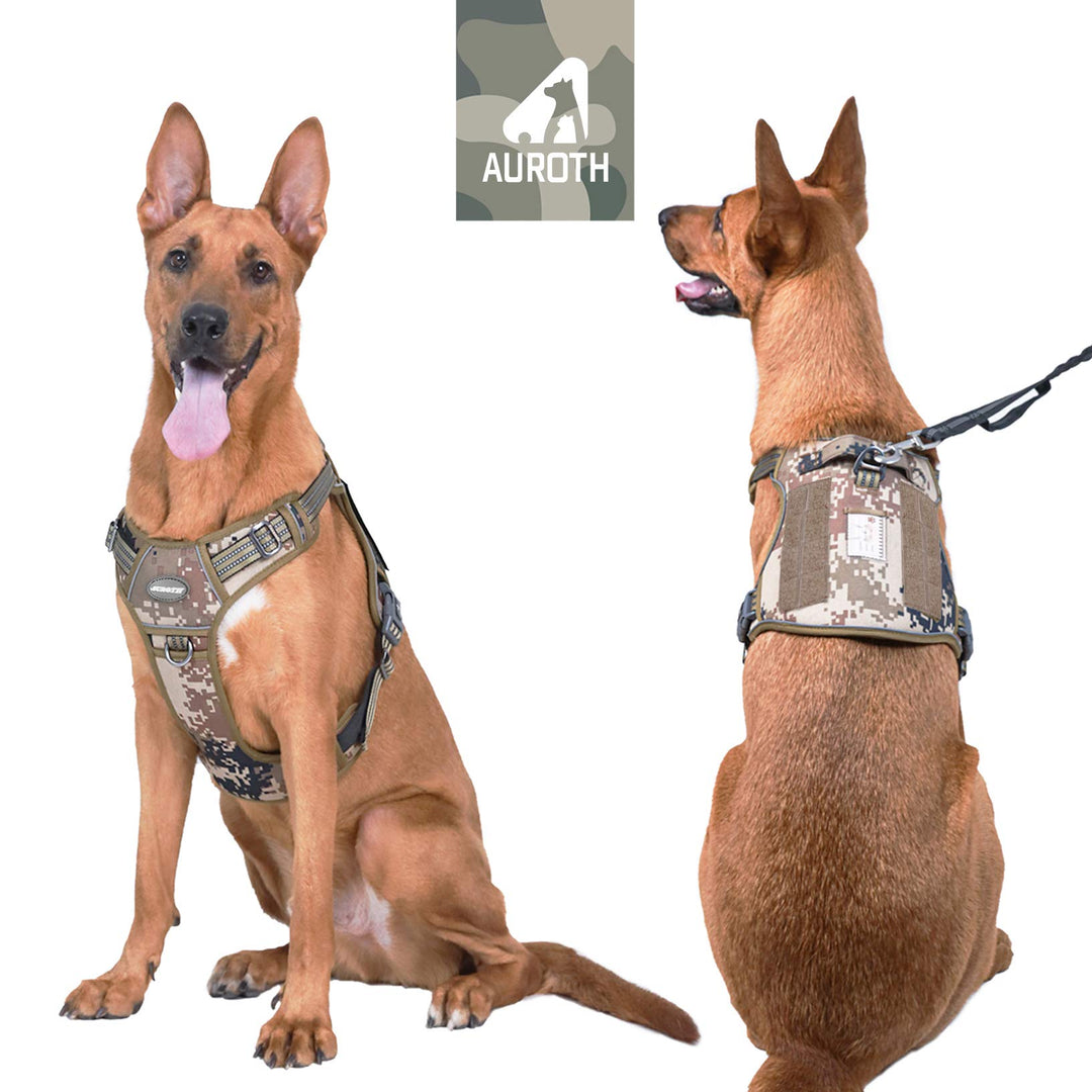 Auroth Tactical Dog Harness for Large Dogs No Pull Adjustable Pet Harness Reflective K9 Working Training Easy Control Pet Vest Military Service Dog Harnesses Desert Camo XL