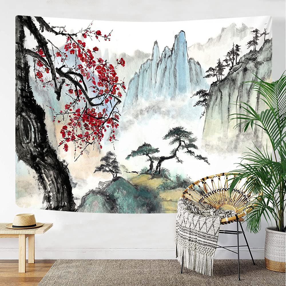 Japanese Tapestry Wall Hanging, Asian Anime Art Cherry Blossom Floral Black Red Wall Decor Tapestries, Chinese Landscape Tapestry for Bedroom Living Room College Dorm, Wall Posters 60X40 Inches