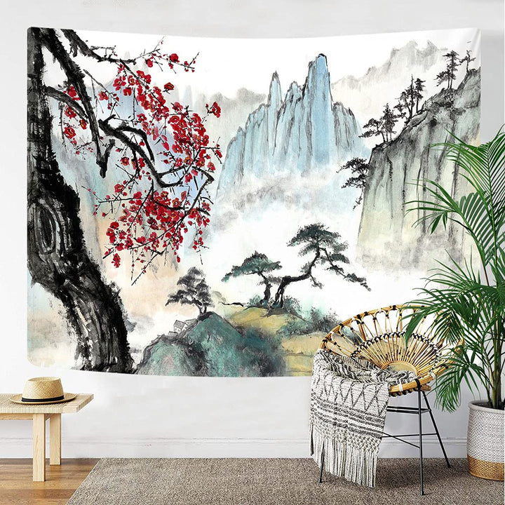Japanese Tapestry Wall Hanging, Asian Anime Art Cherry Blossom Floral Black Red Wall Decor Tapestries, Chinese Landscape Tapestry for Bedroom Living Room College Dorm, Wall Posters 60X40 Inches
