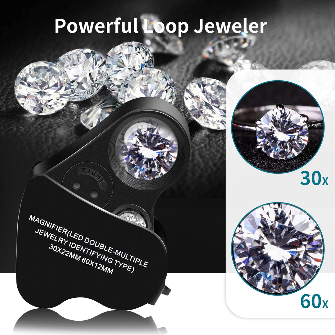 2 Pack Jewelers Loupe, 30X 60X 90X Illuminated Jewelers Eye Magnifier and Magnifying Glass Loop with UV Black Light and Bright LED Light for Gems, Jewelry, Diamond, Coins, Stamps (Black)