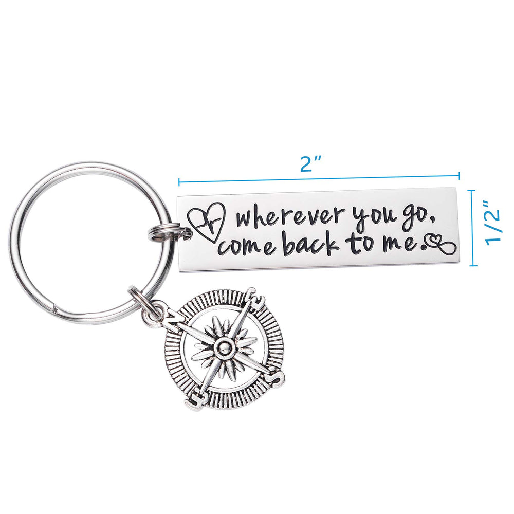 Wherever You Go Come Back to Me Keychain Long Distance Relationship Graduation College Moving Deploying Stainless Steel Gift for Boyfriend Men Love