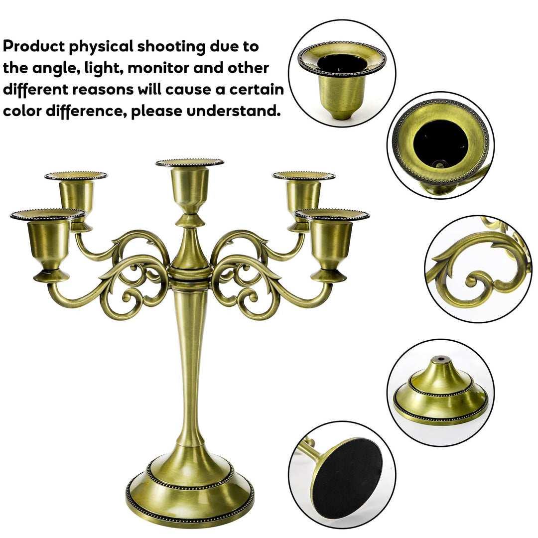 YOUEON 5 Arm Brass Candelabra, Candelabra Candle Holder, 10 Inch Tall Candlesticks Holder, Elegant Taper Candle Holder Centerpiece for Wedding, Church, Halloween, Dining, Home Decor