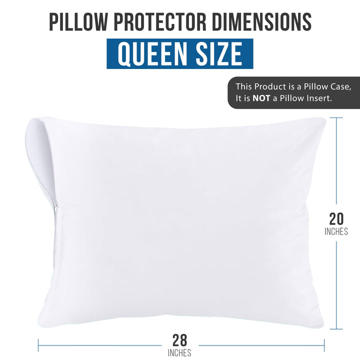 Waterproof Pillow Protectors Zippered (2 Pack, White) Queen Size, Zippered Pillowcases, Bed Bug Proof Pillow Encasement Covers 20 x 28 Inches