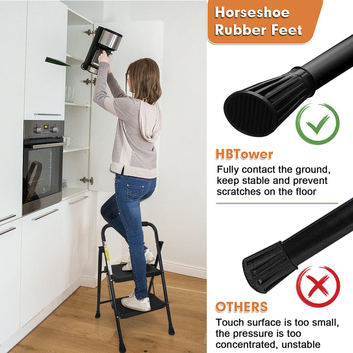 2 Step Ladder, 500 lbs Folding Step Stool with Anti-Slip Wide Pedals, Sturdy Steel Ladder, Convenient Handgrip, Lightweight Portable Step Stool Black