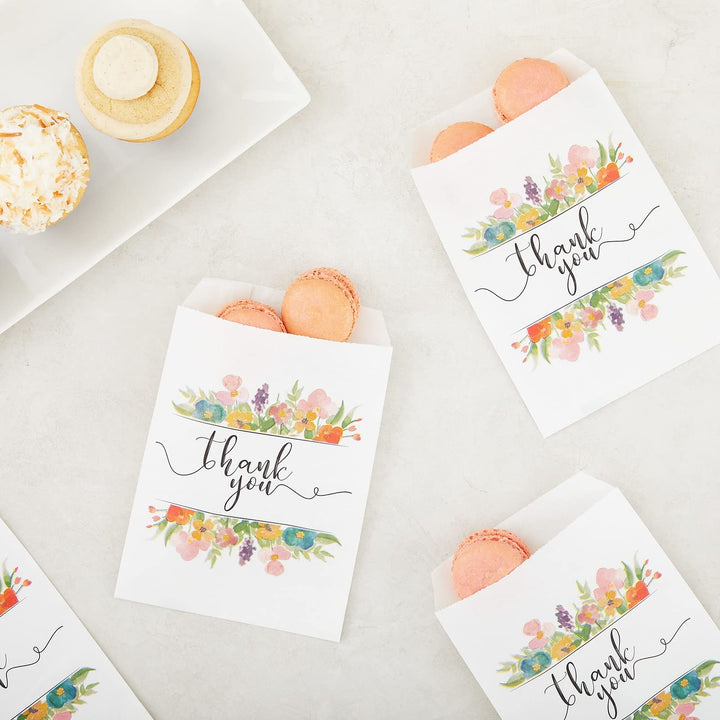 100 Pack Thank You Paper Treat Bags, Sleeves for Cookies, Goodies, Candy, Party Favors (Floral, 5 x 7.5 in)