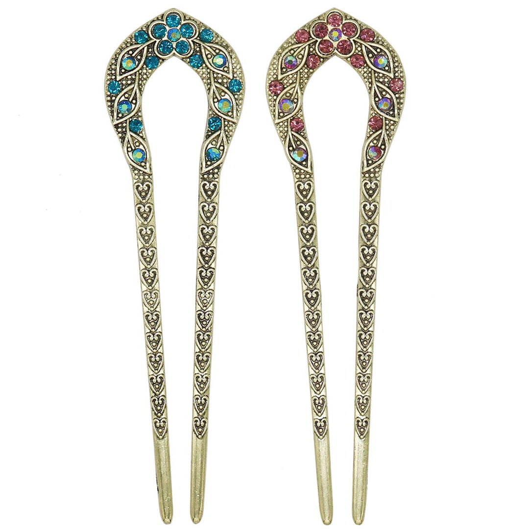 2 Pcs Vintage Hair Stick, Crystal Rhinestone Double Prong Hair Pin Stick Hairstyle Chignon Hairpin