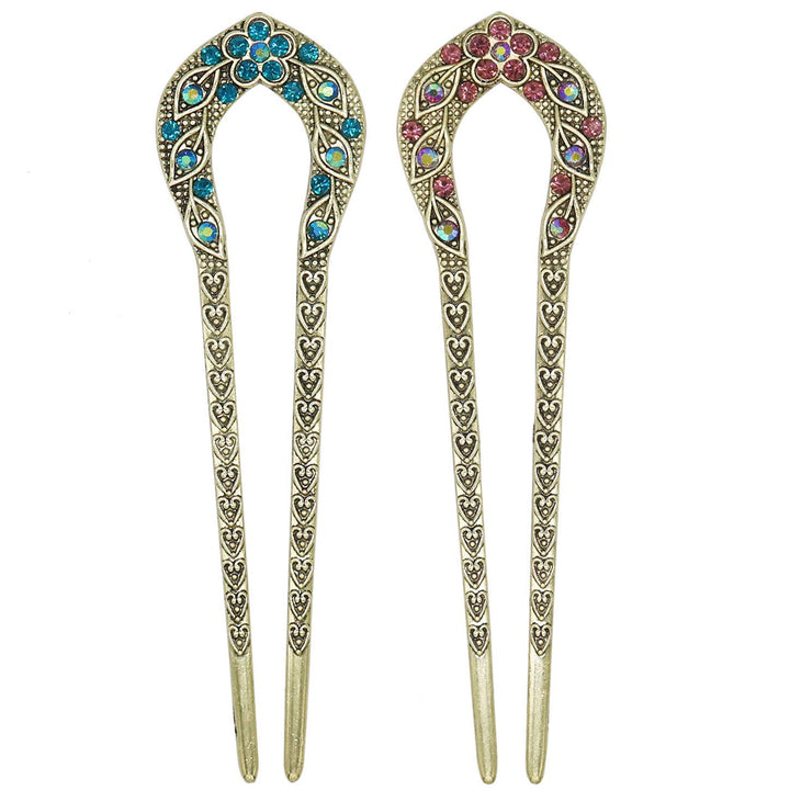 2 Pcs Vintage Hair Stick, Crystal Rhinestone Double Prong Hair Pin Stick Hairstyle Chignon Hairpin