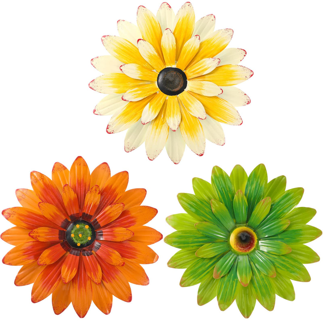 3 Pcs Metal Flower Wall Art 3D Metal Daisy Flower Wall Decor Multiple Layer Hanging Flower Rustic Farmhouse Boho Style Decorations for Indoor Outdoor Home Living Room Office Garden, 8 inches (Classic)