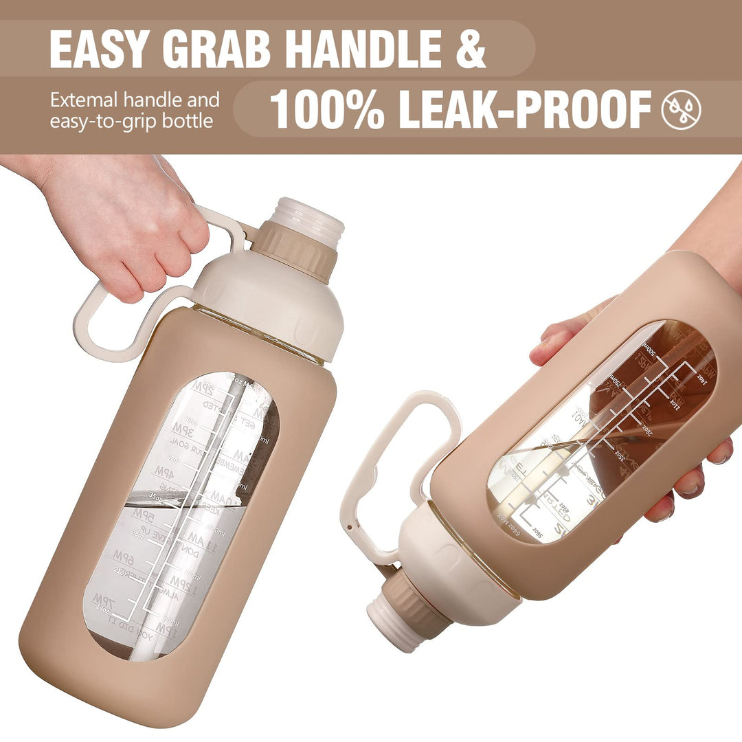 56oz Glass Water Bottle with Straw, Motivational Water Bottle with Silicone Sleeves and Handle,Leakproof BPA Free Wide Mouth Water Jug for Gym,Working,Outdoor,Amber