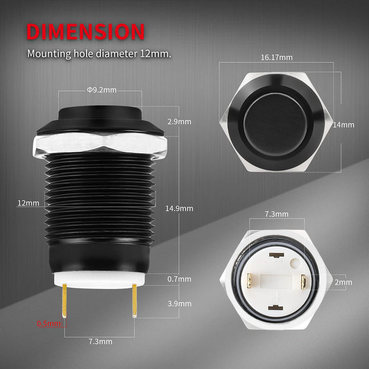 DaierTek 6pcs 12V Momentary Push Button Switch Waterproof Black Metal 12mm 1/2&#39;&#39; Small Round Power Pushbutton 2 Pin Push ON