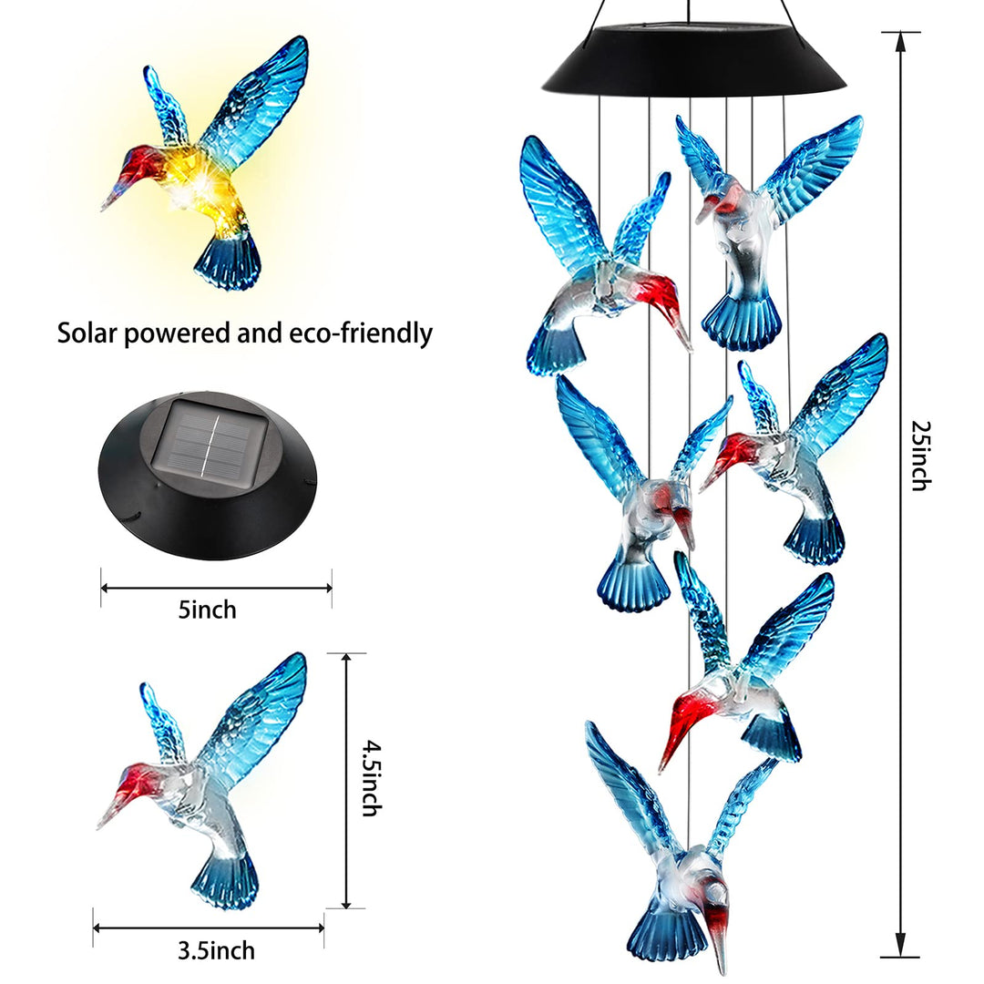Hummingbird Wind Chimes Solar Wind Chimes Outdoor Color Changing Light Up Wind Chimes Solar Powered Memorial Wind Chimes Birthday Gifts for Mom Hummingbird Gifts (Blue windchimes)