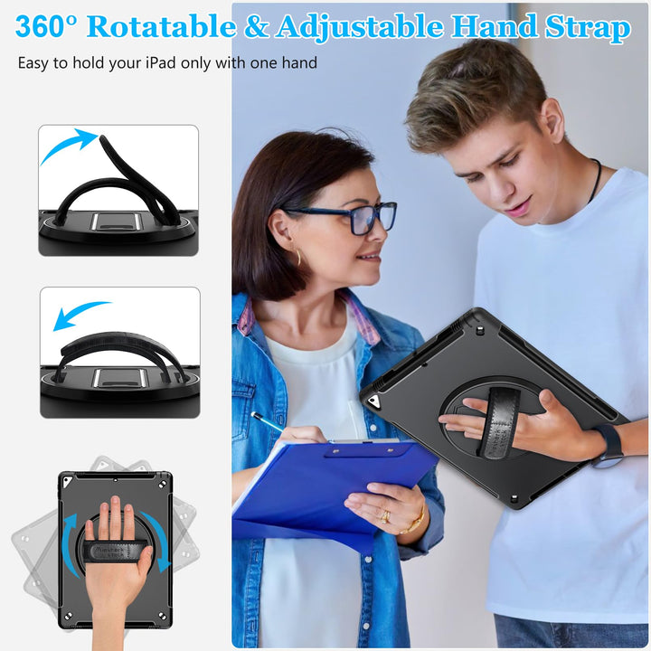 Case for iPad Pro 12.9 2nd Generation 2017 &amp; 2015 1st Generation, Heavy Duty Rugged TPU Protective Cover with Screen Protector- Stand + Handle Hand &amp; Shoulder Strap + Pencil Holder- Black