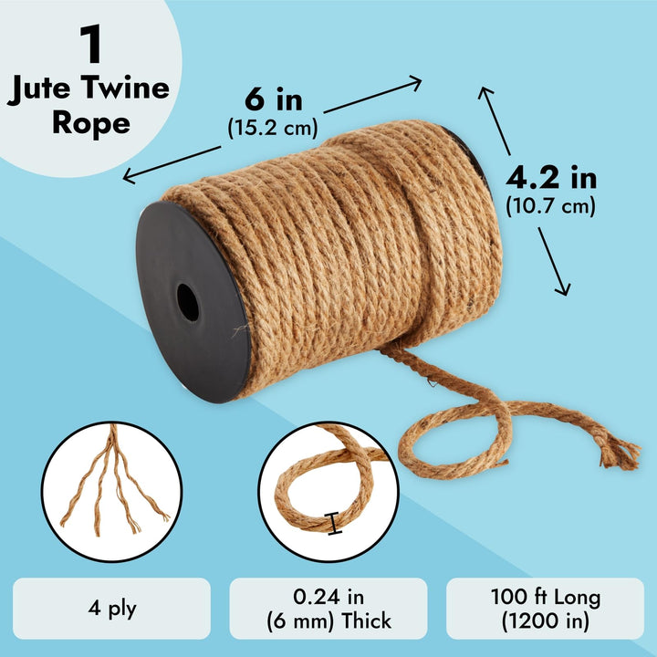 100 Feet Nautical Rope for Crafts, 6mm Thick Jute Twine (Brown)