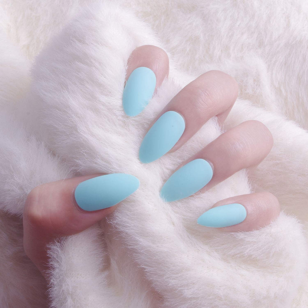 96Pcs Colorful Acrylic Nails Full Cover False Gel Nails Art Tips Sets Medium Stiletto Matteï¼Ë†Skylike Blueï¼â€°