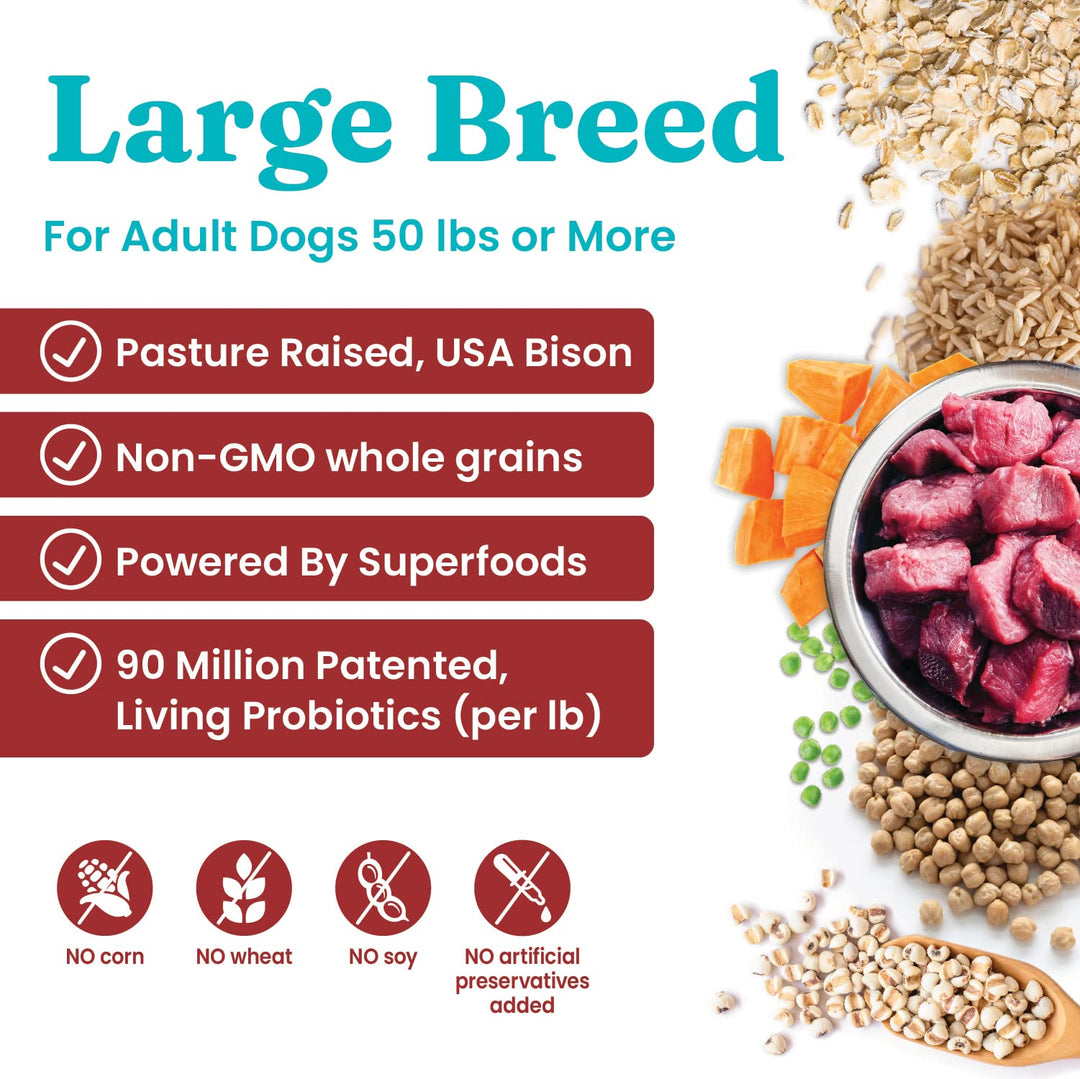 Large Breed Adult Dry Dog Food Whole Grain Kibble with Real Bison, Brown Rice, Sweet Potato and Omega 3 Fish Oil for Dogs, Probiotics - 24 LB
