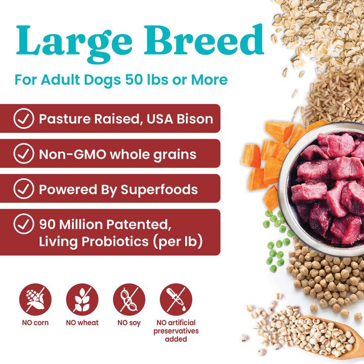 Large Breed Adult Dry Dog Food Whole Grain Kibble with Real Bison, Brown Rice, Sweet Potato and Omega 3 Fish Oil for Dogs, Probiotics - 24 LB