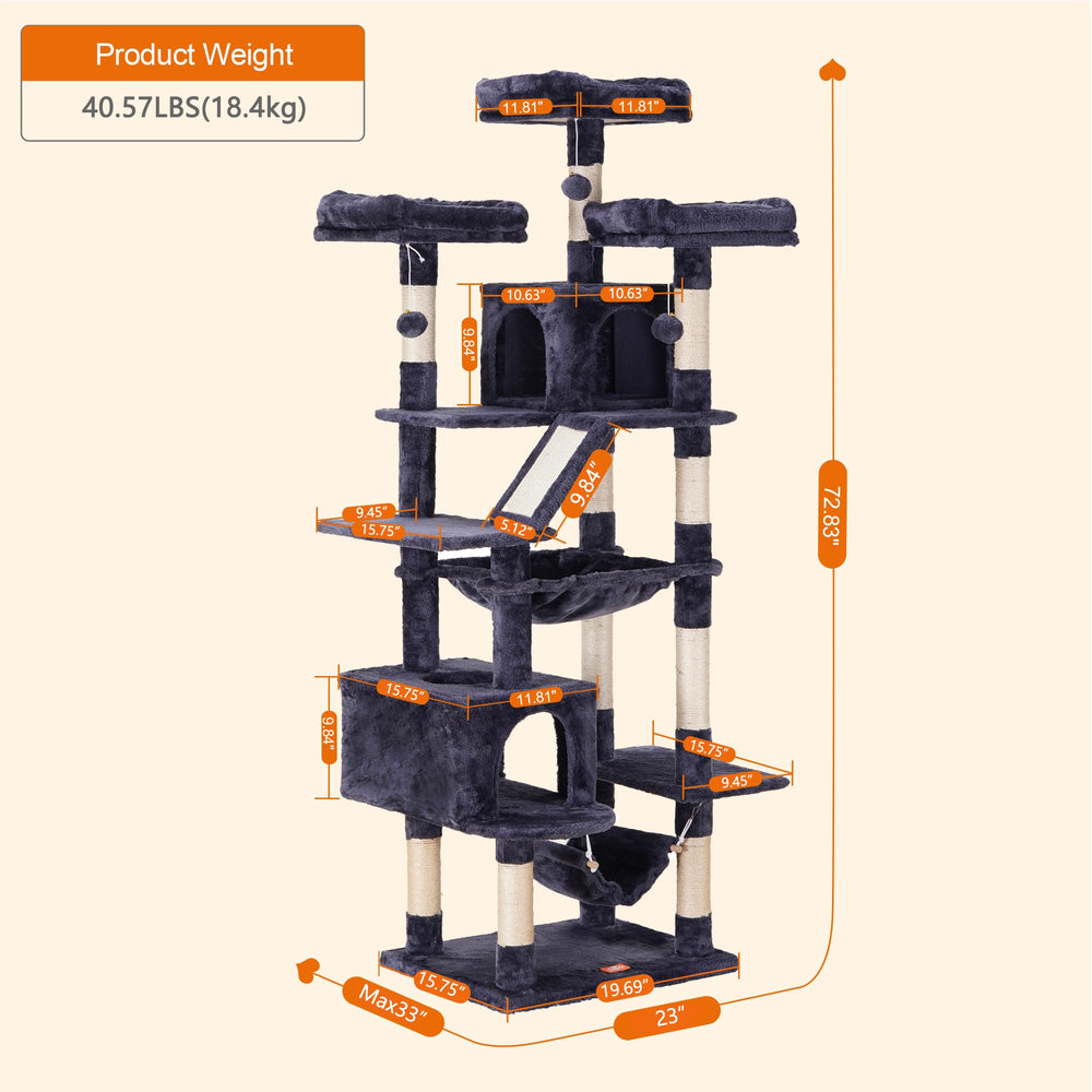 Cat Tree, 73 inches Tall Cat Tower for Large Cats 20 lbs Heavy Duty for Indoor Cats,Big Cat Furniture Condo for with Padded Plush Perch, Cozy Basket and Scratching Posts Smoky Gray HCT030G