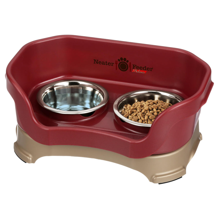 Neater Feeder Deluxe Mess Proof Dog Bowls Elevated for Small Breed – Made in USA – No Spill Raised Dog Food Bowl Stand – Stainless Steel Food and Water Bowl Set, Pet Feeding Station, Cranberry