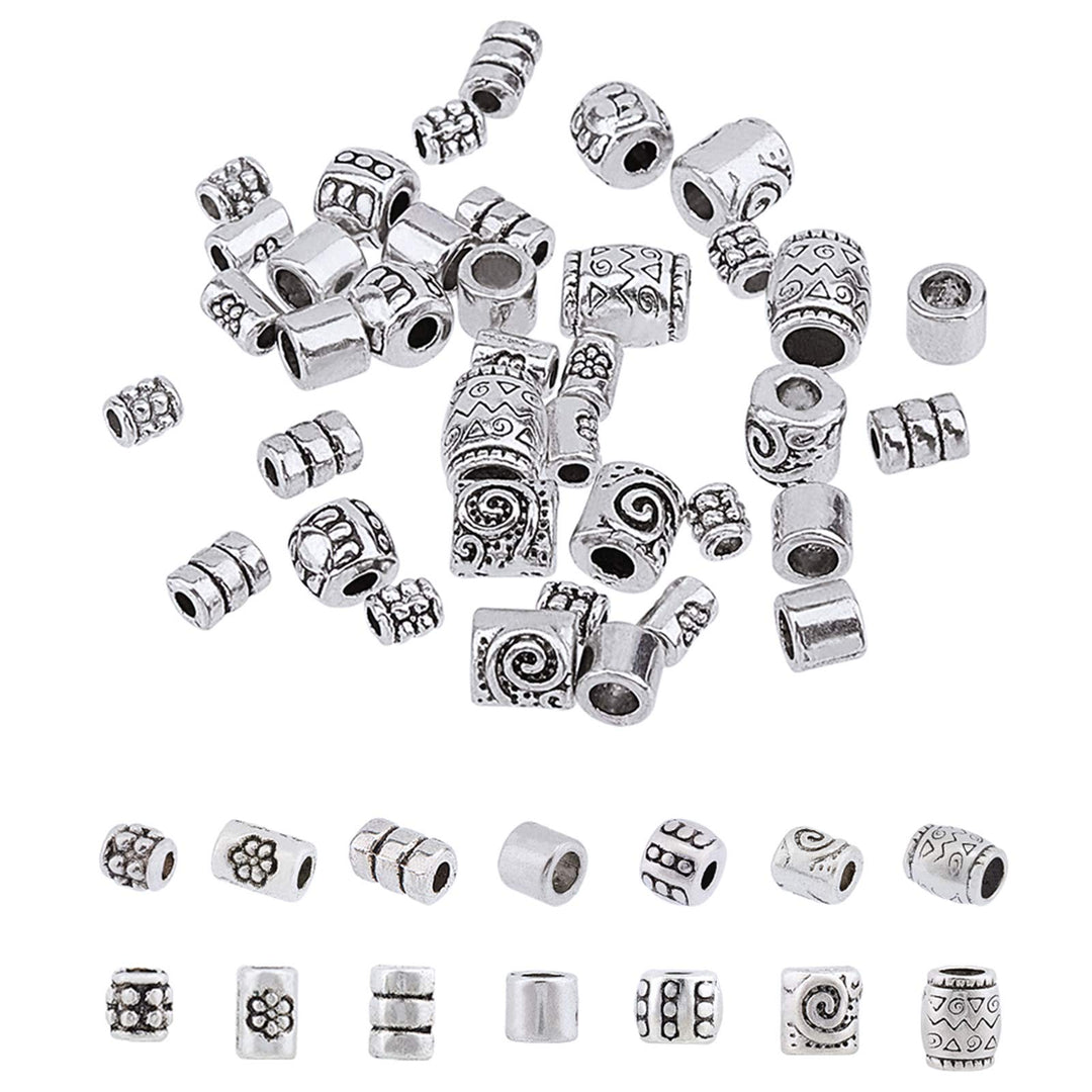 260pcs 7 Style Tibetan Spacer Beads Antique Silver Column Alloy Tube Metal Spacers European Large Hole Loose Beads Spacers for Bracelet Necklace Jewelry Supplies, Hole: 1.5~3.5mm