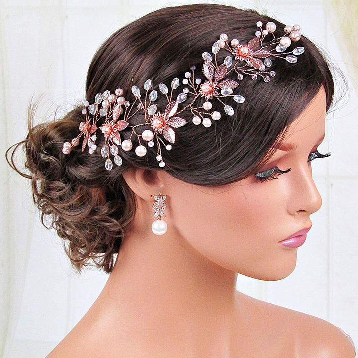 Bride Flower Wedding Hair Vine Rose Gold Leaf Bridal Headband Pearl Hair Accessories for Women and Girls