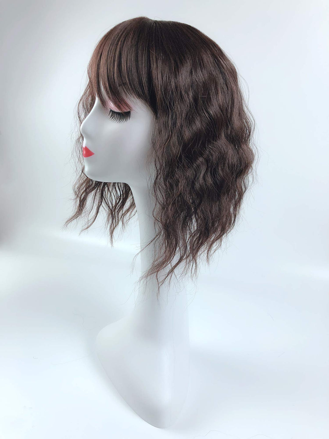 Water Wavy Hair Forehead Piece Clip in Middle Part Topper with Choppy Fringe Thin/35cm, Dark Brown