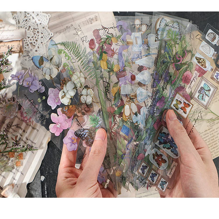 6 Pack Vintage Scrapbook Sticker Plant Rose and Butterfly Styles PET Transparent Decal for DIY Craft Card Making Scrapbook Journal and Planner