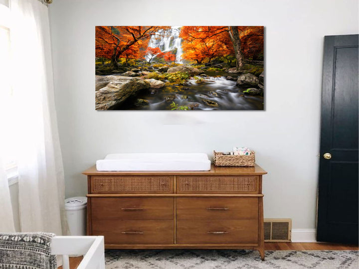 Landscape Canvas Wall Art Waterfall Nature Forest Scenery Painting, Modern Scene Artwork Mountain Scenery Picture Framed for Living Room Bedroom Bathroom Home Office Decor, Large Size 48x24