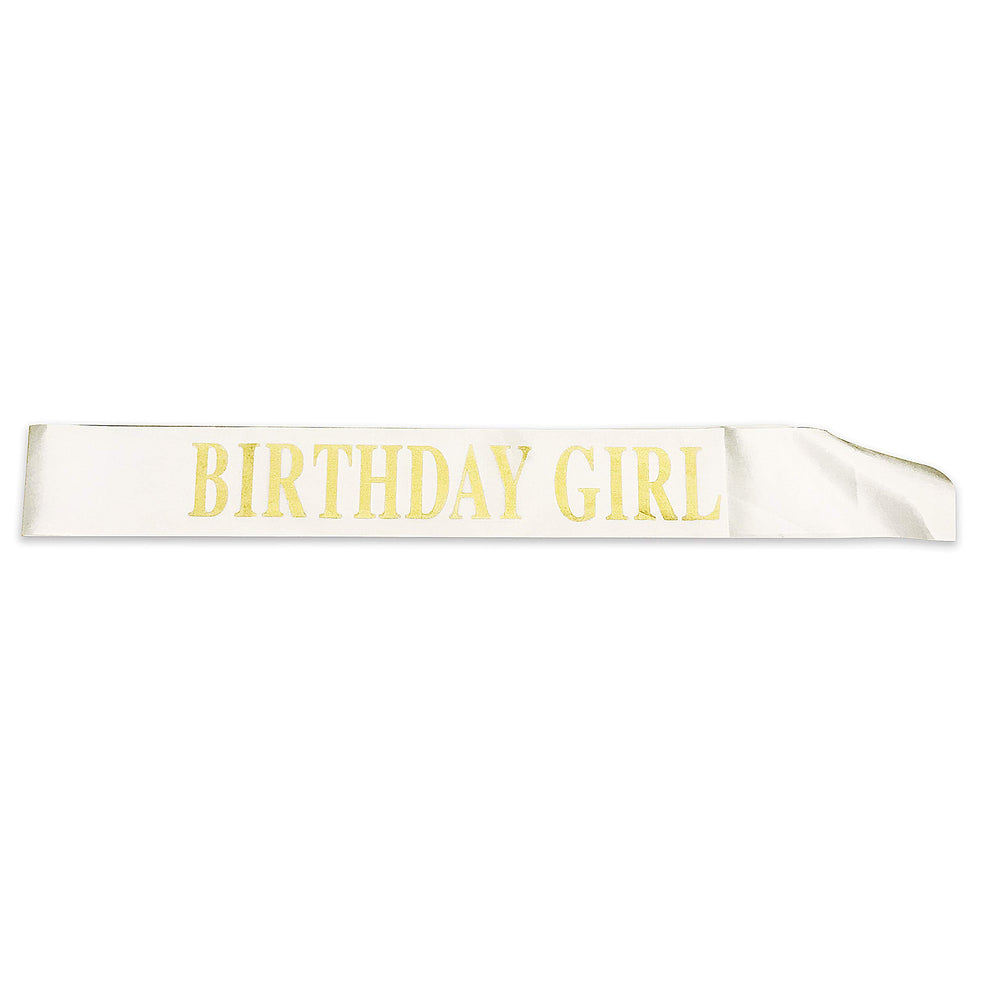Birthday Sash for Girls White Satin Birthday Girl Sash with Gold Glitter Lettering Party Favors, Supplies and Decorations