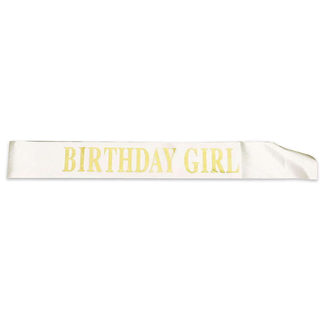 Birthday Sash for Girls White Satin Birthday Girl Sash with Gold Glitter Lettering Party Favors, Supplies and Decorations