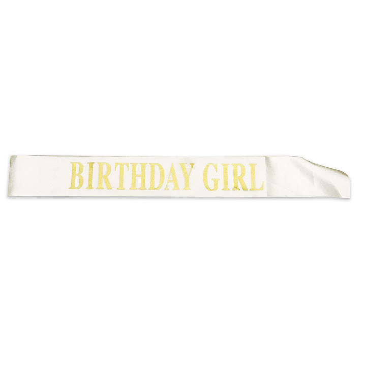 Birthday Sash for Girls White Satin Birthday Girl Sash with Gold Glitter Lettering Party Favors, Supplies and Decorations