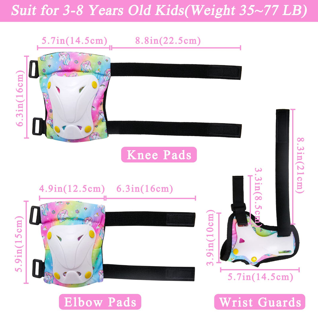 Knee Pads for Kids Unicorn Knee Elbow Pads Wrist Guards with Drawstring Bag Adjustable Protective Gear Set for Girls Boys Inline Skating Bike Cycling Skateboard Scooter, 3-8 Years, Rainbow