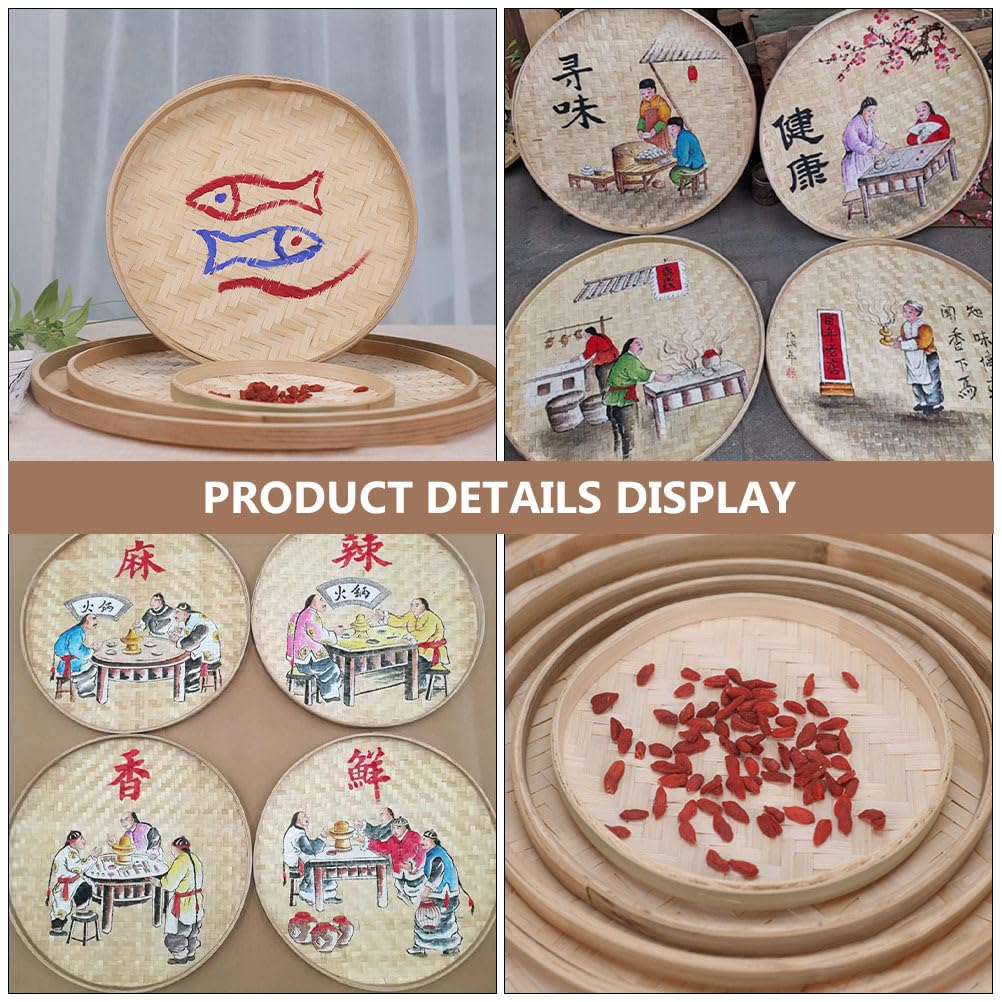 4pcs Woven Bamboo Tray Basket Round Flat Shallow Basket Wall Art Ornament for DIY Drying Food Fruit Basket Kitchen Wall Hanging Decorations