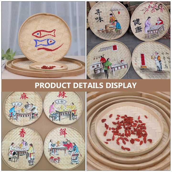 4pcs Woven Bamboo Tray Basket Round Flat Shallow Basket Wall Art Ornament for DIY Drying Food Fruit Basket Kitchen Wall Hanging Decorations