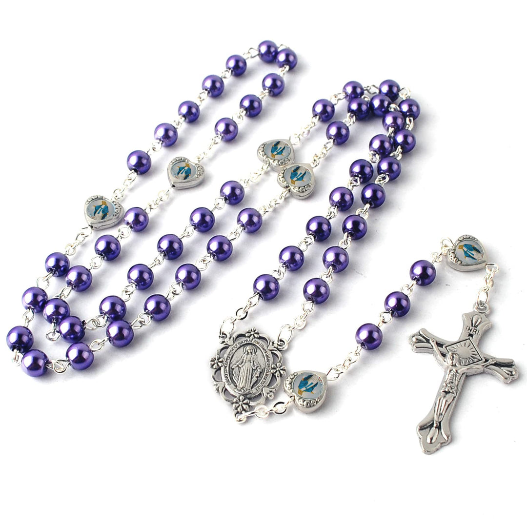 Glass Pearl Beads with Miraculous Epoxy Heart Metal Beads Rosary Necklace pack in Velvet Gift Bag with Rosary Pray Card (Purple)