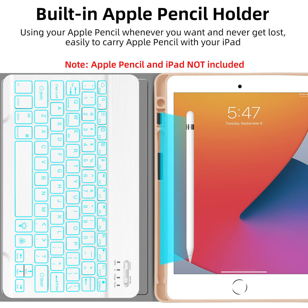 Backlit Keyboard Case for iPad 10.2 9th 8th 7th Generation - Wireless Detachable Keyboard Thin Slim Smart Folio Stand Tablet Cover Case for iPad 10.2 Inch/iPad Air 10.5(3rd Gen)/iPad Pro 10.5, Pink