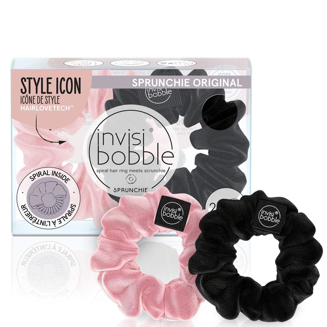 Sprunchie Spiral Hair Ring - True Black and Prima Ballerina- 2 Pack- Scrunchie Stylish Bracelet, Strong Elastic Grip Coil Accessories for Women - Gentle for Girls Teens and Thick Hair
