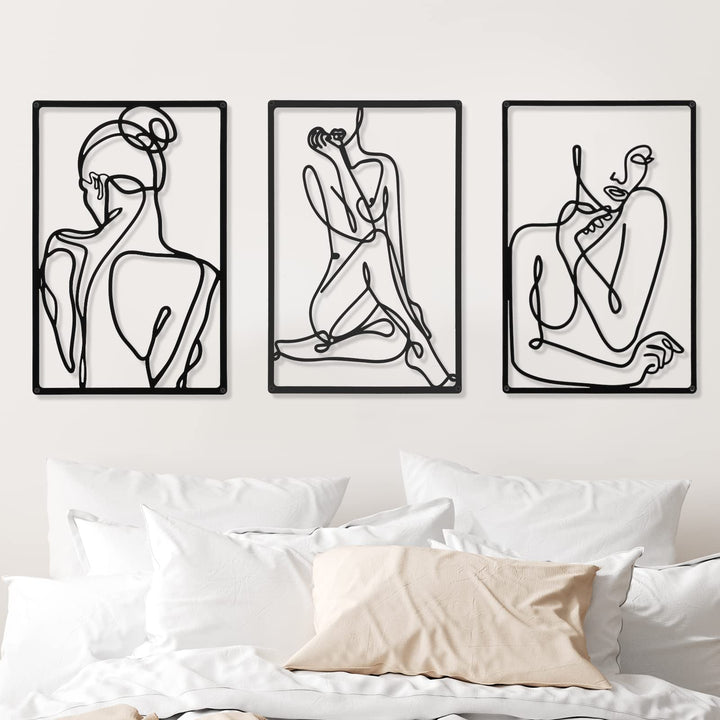 CHENGU 3 Pieces Metal Minimalist Abstract Woman Wall Art Line Drawing Wall Art Decor Single Line Female Home Hanging Wall Art Decor for Kitchen Bathroom Living Room (Vibrant Style)