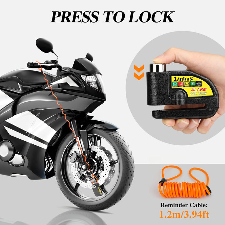 Motorcycle Alarm Disc Brake Lock, Accesorios para Motos, Motorcycle Locks Anti-Theft Security Wheel Lock 110dB 7mm Pin with Reminder Cable and Carry Pouch for Motorbike Dirt Bike Scooter