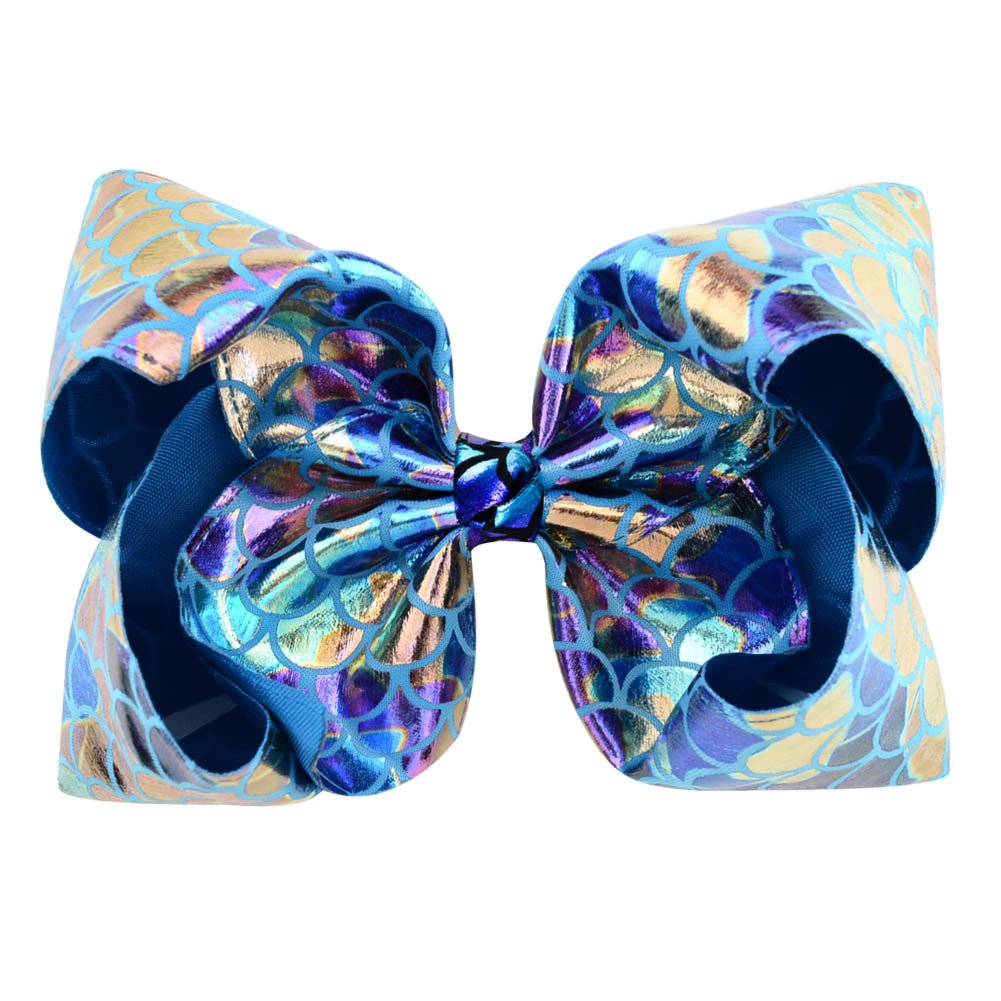 [4-PACK] 8 INCH Large Cute Mermaid Tail Glitter Sparkle Fish Scale Hair Bows Clip Bundle for Girls Toddlers Kids (Mermaid Glitter)