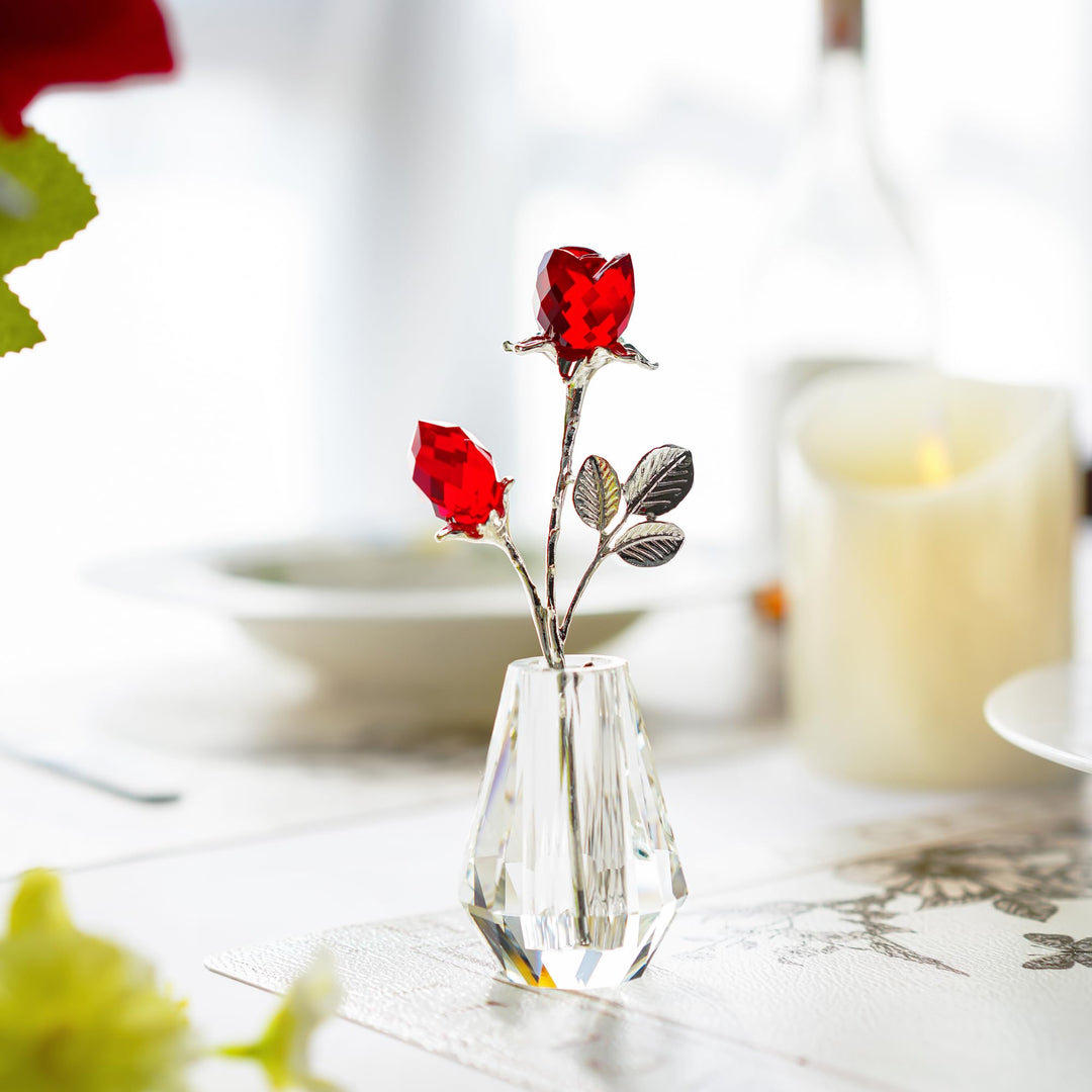 H&amp;D HYALINE &amp; DORA Crystal Red Rose Figurine Collectible Glass Double Roses Flowers Bouquets Ornament Silver Stem with Crystal vase Decor for Home Wedding Party
