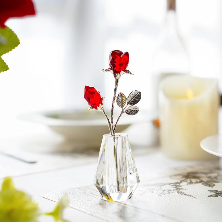 H&amp;D HYALINE &amp; DORA Crystal Red Rose Figurine Collectible Glass Double Roses Flowers Bouquets Ornament Silver Stem with Crystal vase Decor for Home Wedding Party