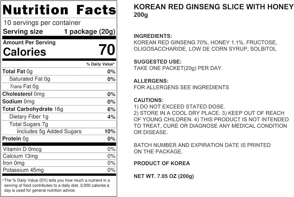 Pocheon 200g(10ea X 20g) 6Years Sliced Korean Panax Red Ginseng Roots with Honey, Saponin, Natural Immune Support