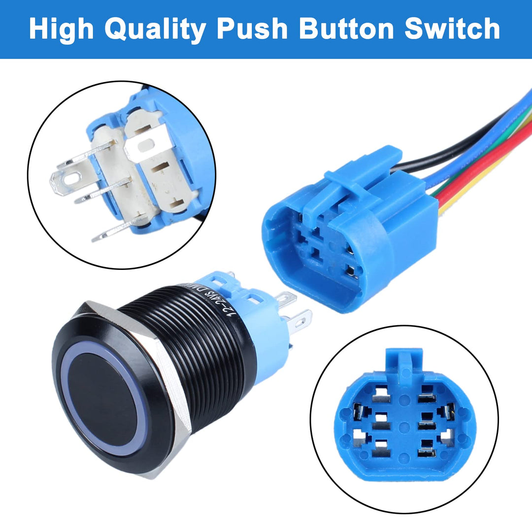 2PCS 22mm Metal Latching Push Button Switch Waterproof Anti-Vandal Black Shell with Pre-Wired Socket for 7/8 Mounting Hole 12V-24V ON Off 1NO 1NC Halo Ring Red LED