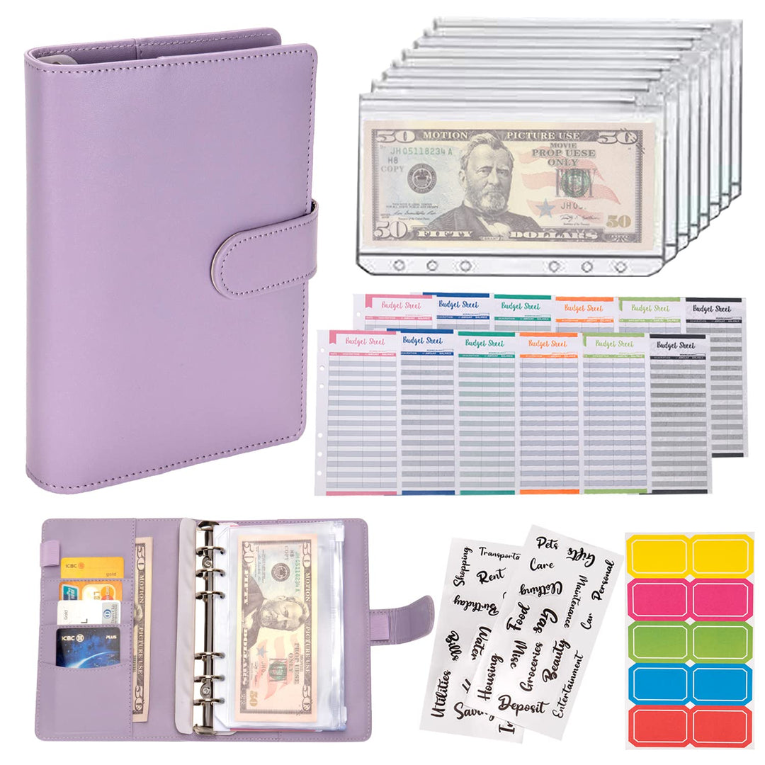 Budget Binder Cash Envelopes for Budgeting Money Organizer for Cash Money Envelopes for Cash Leather A6 Budget Binder with Zipper envelopes (Purple)