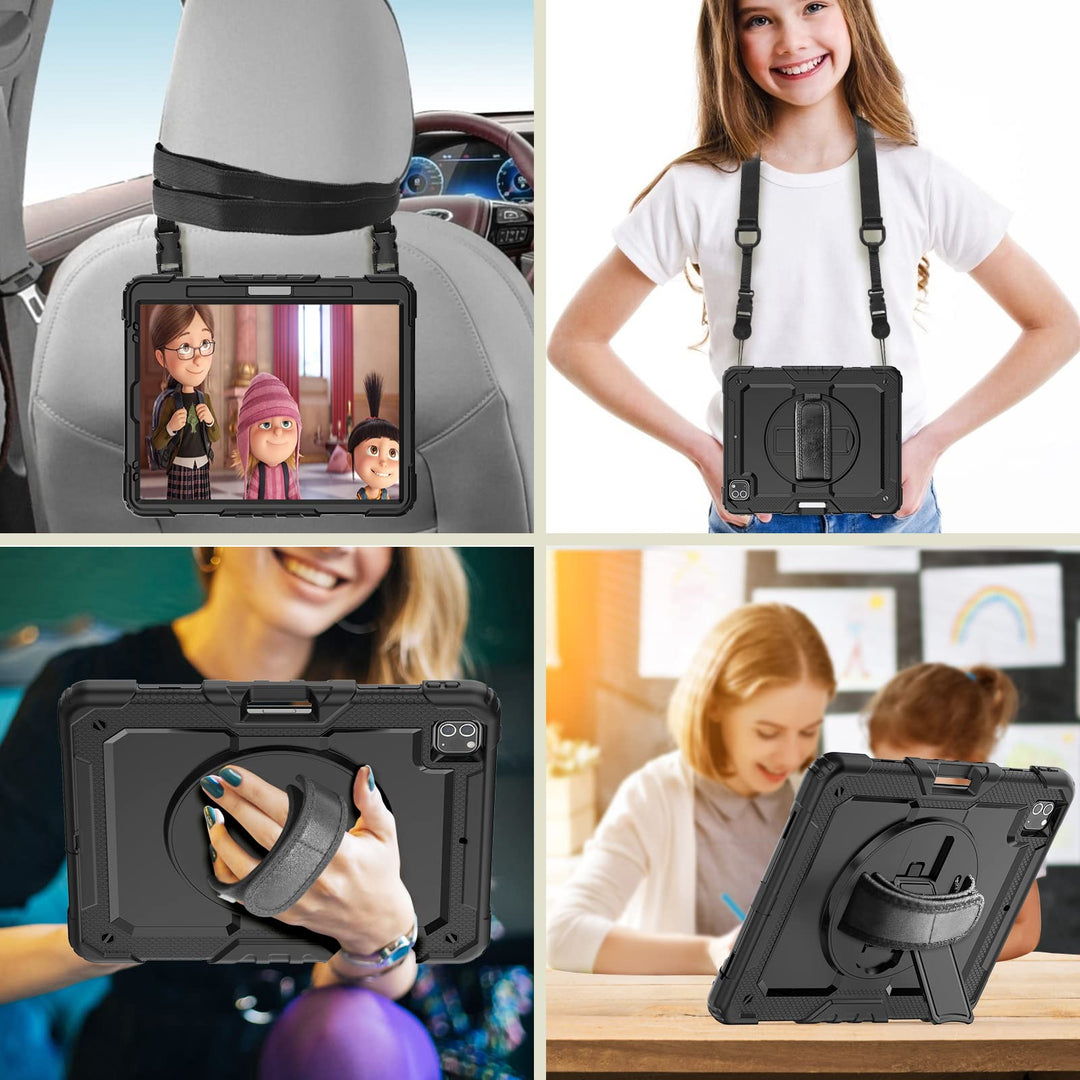 iPad Pro 12.9 Case 2022/2021/2020 with Screen Protector Pencil Holder | iPad Pro 12.9 inch 6th/5th/4th Generation Case | Full Body Shockproof Rugged Protective Rubber Case W/Stand Strap | Black