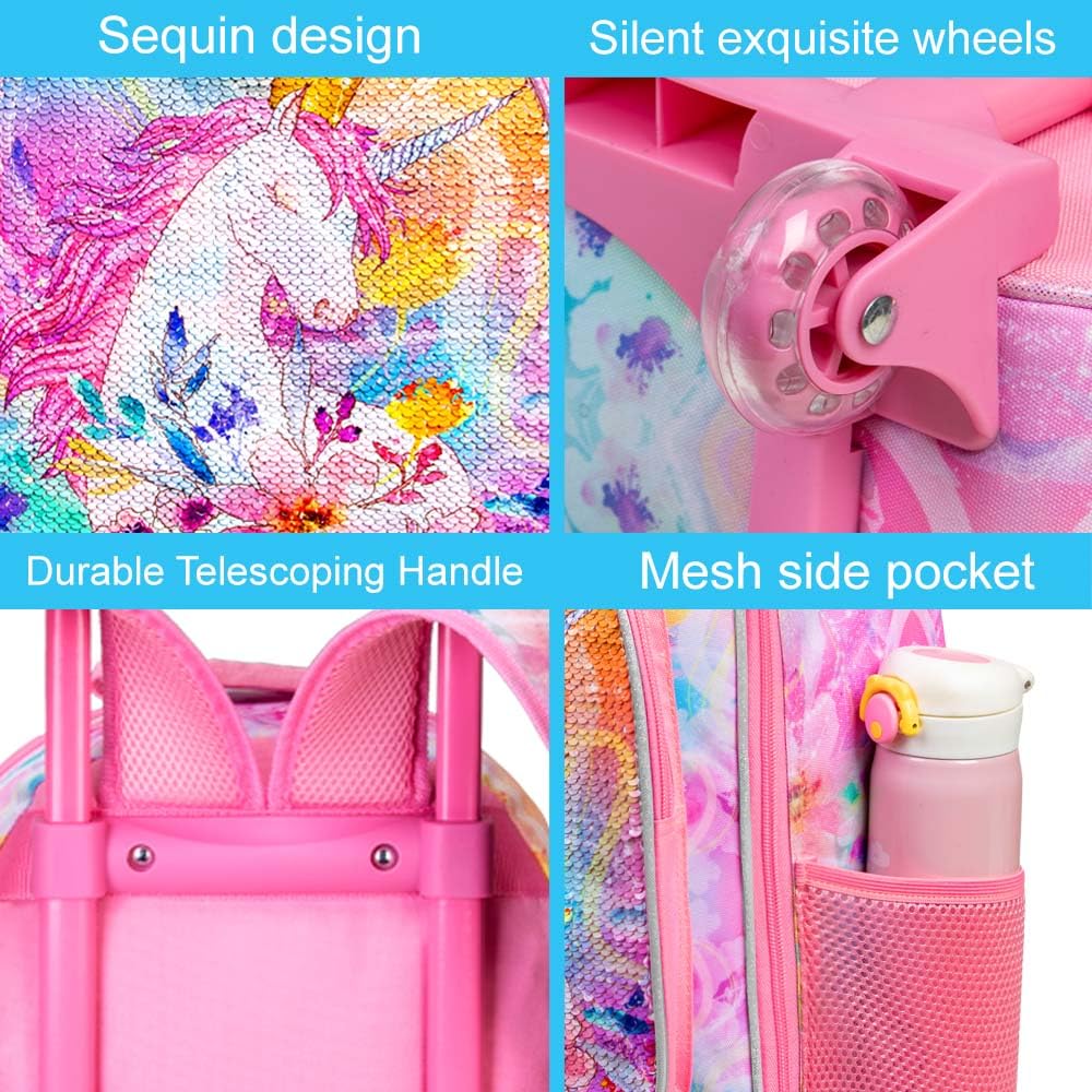 4PCS Kids Rolling Backpack for Girls, Unicorn Sequin Roller Wheeled Bookbag Toddler Elementary School Bag with Wheels