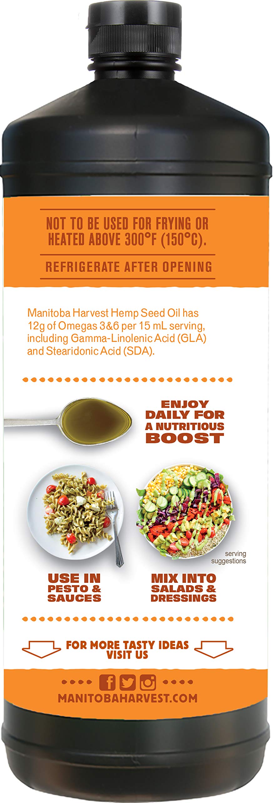 Hemp Seed Oil, Cold Pressed, Premium Quality, 12g of Omegas 3 &amp; 6 Per Serving, Hydrate &amp; Nourish Skin - Non GMO, Vegan, Gluten Free, Great for cooking, salad dressings, 32 Fl Oz