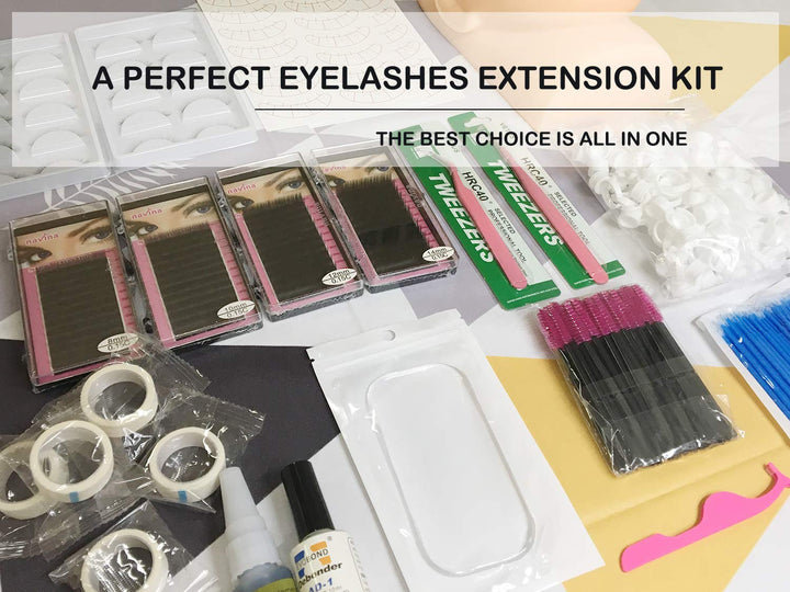 Lash Eyelash Extension Kit, Eyelash Extension Supplies With Mannequin Head For Beginners Eyelashes Extensions Practice Kit Lip Makeup Eyelash Grafting Training Tool Kit with Individual Lashes Glue
