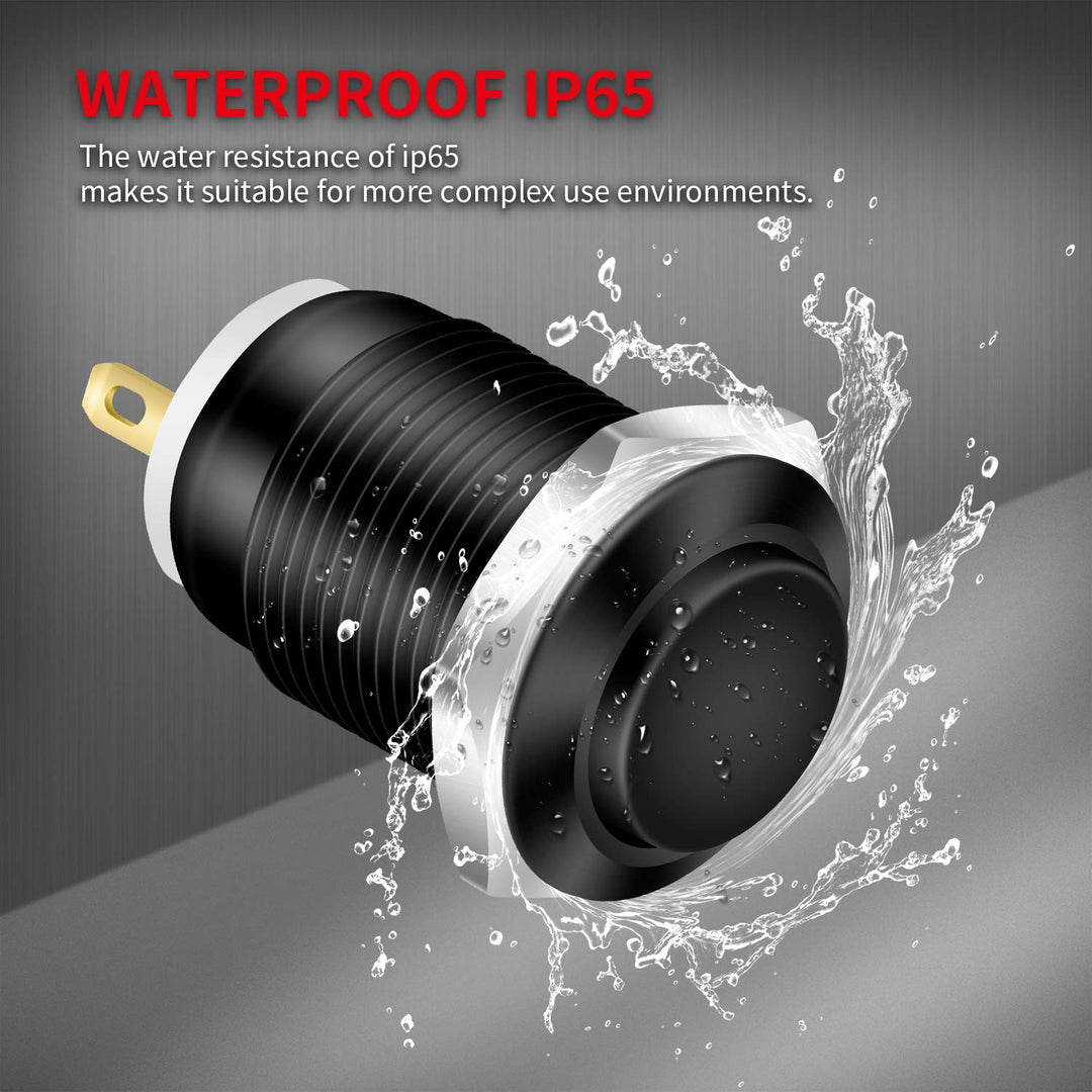DaierTek 6pcs 12V Momentary Push Button Switch Waterproof Black Metal 12mm 1/2&#39;&#39; Small Round Power Pushbutton 2 Pin Push ON