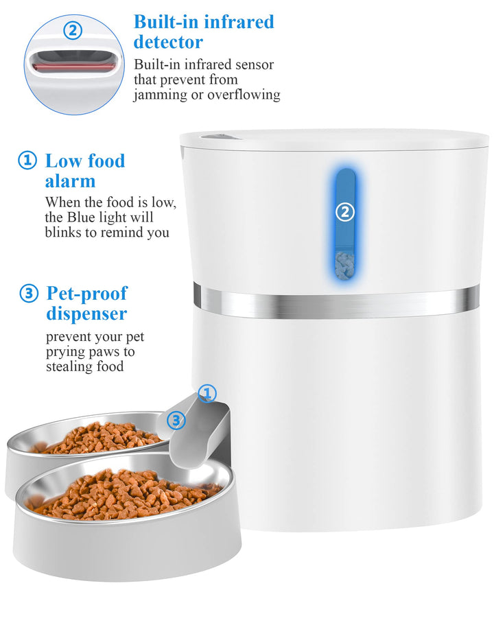 Automatic Cat Feeder, Pet Feeder Food Dispenser for Cat &amp; Small Dog with Two-Way Splitter and Double Bowls, up to 6 Meals with Portion Control, Voice Recorder - Battery and Plug-in Power